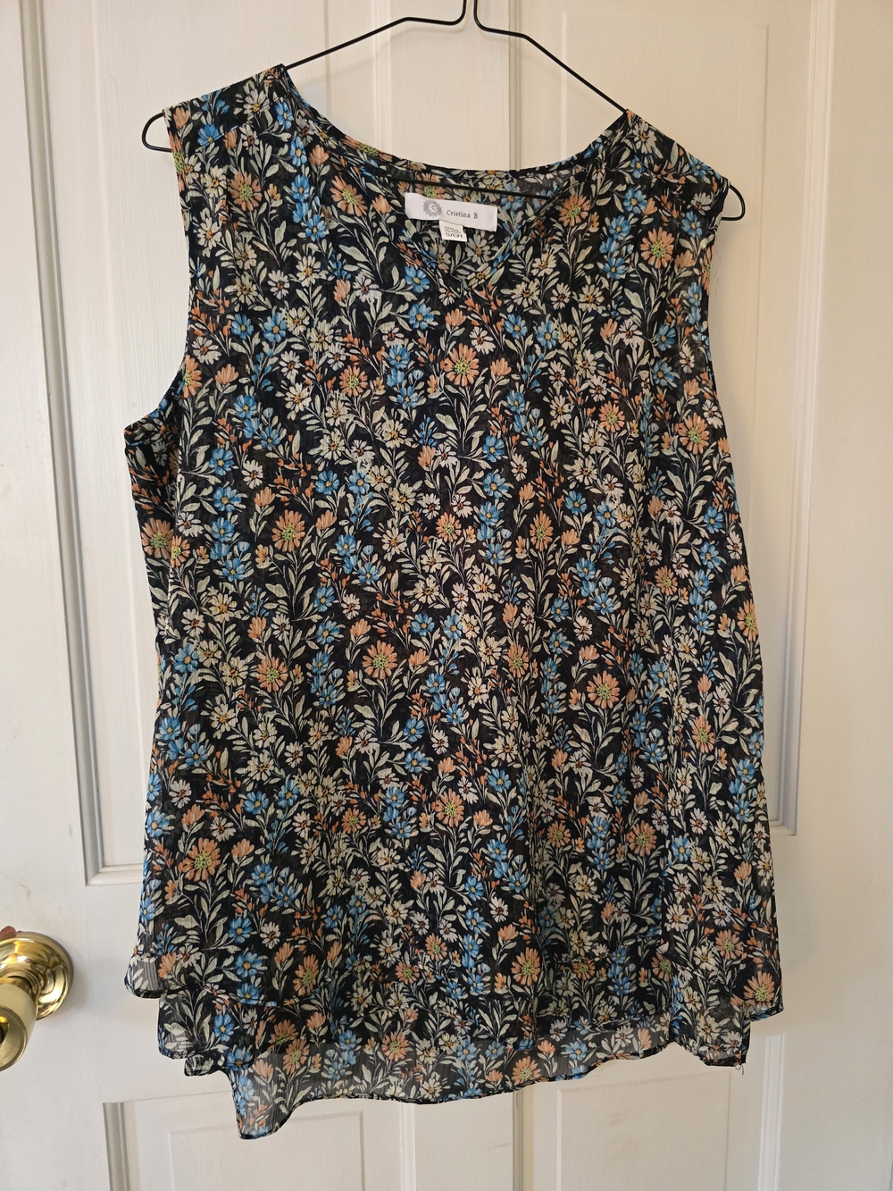 Sleeveless Floral Tank Top in Black with Blue & Peach Blooms Size S